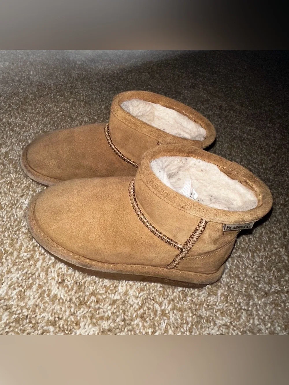 BearPaw Kids Tan Suede Shearling-Lined Slip-On Slippers